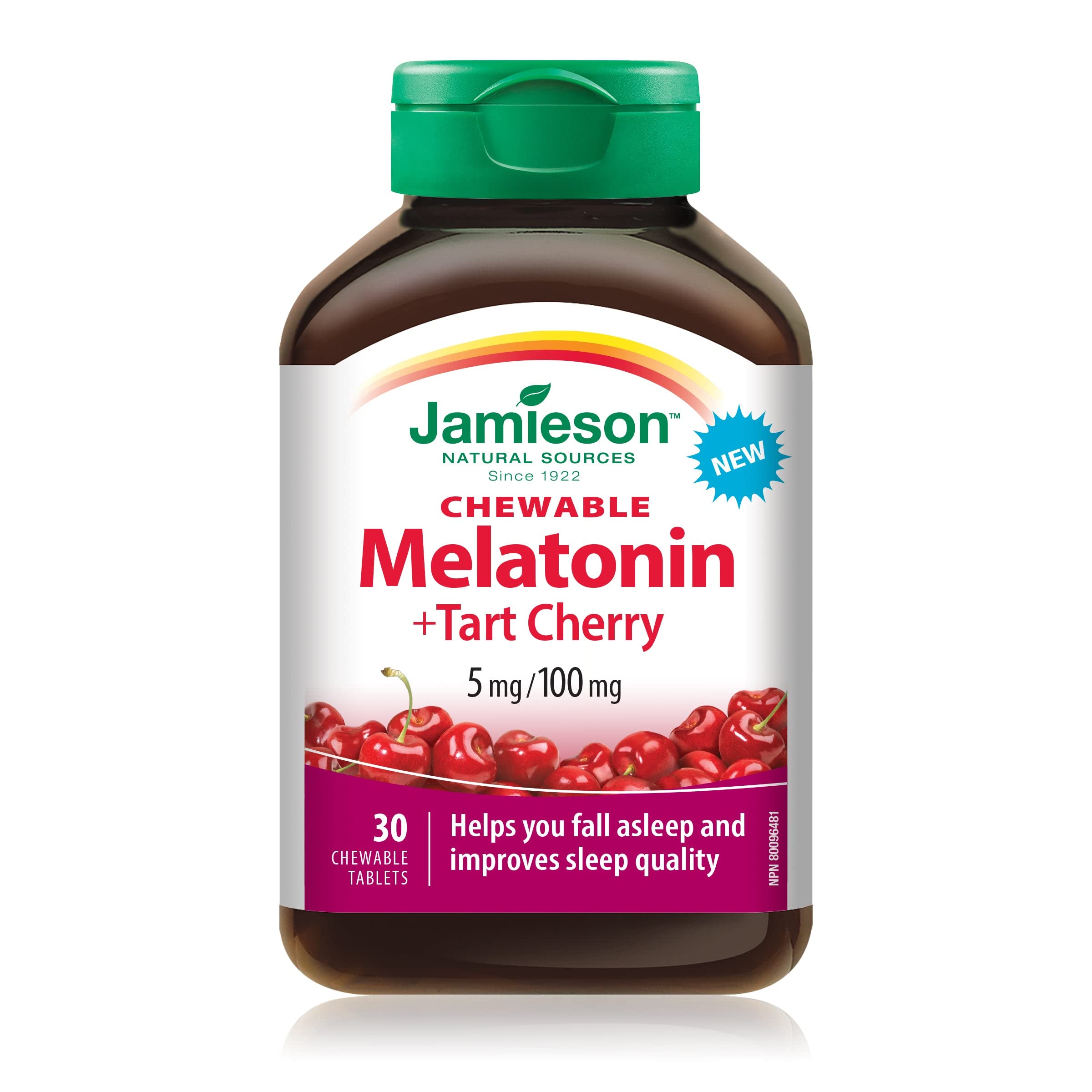 Jamieson Melatonin with Tart Cherry Sleep Aid - 30 Chewable Tablets for Better Sleep & Relaxation - Perfect for Jet Lag, Insomnia & Nighttime Rest