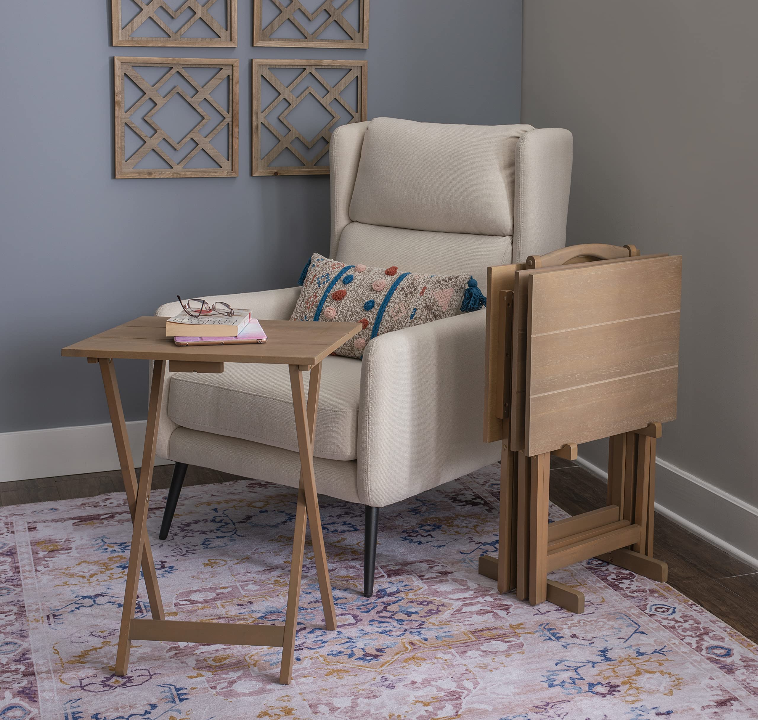 Linon Acacia Grace Tray Table Set in Driftwood Finish - Side Table with Storage Tray for Living Room, Bedroom, or Patio Decor