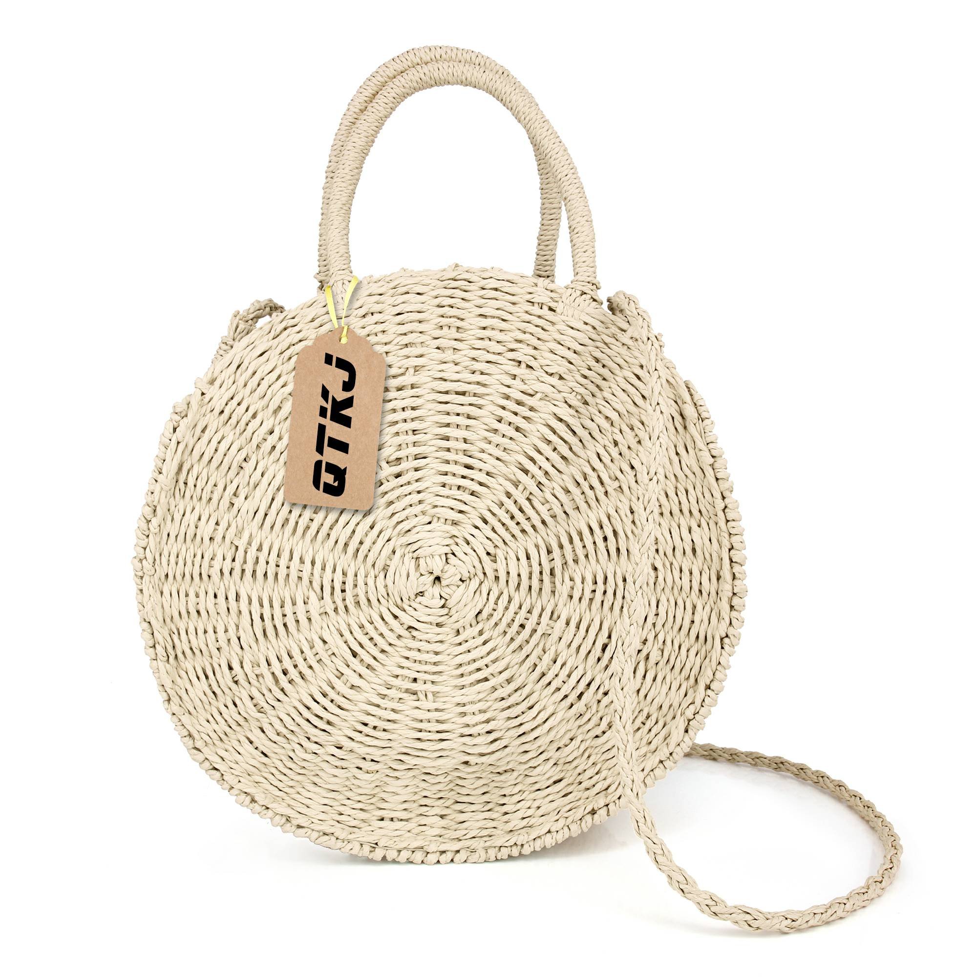 Women's Straw Beach Bag - Handwoven Round Rattan Crossbody Shoulder Bag for Summer Vacation, Pool Party & Boho Fashion Accessory