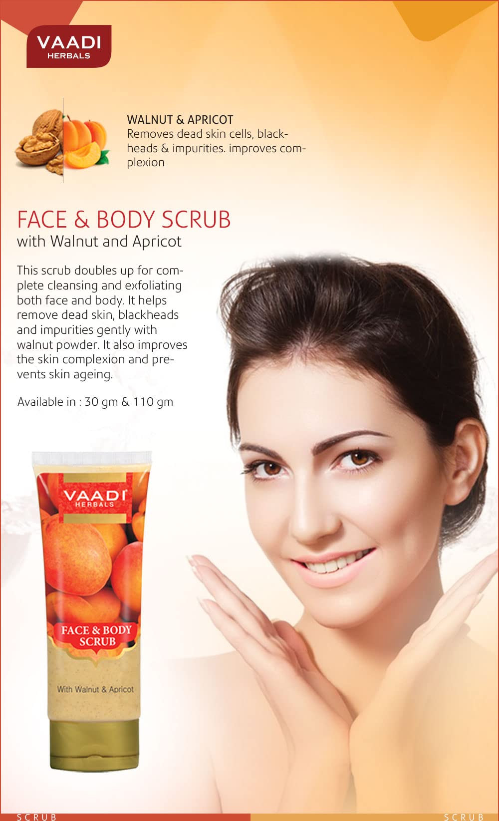Vaadi Herbals Walnut & Apricot Face and Body Scrub - 110g | Exfoliating & Nourishing for Glowing Skin | Perfect for Spa Day & At-Home Skincare Routine