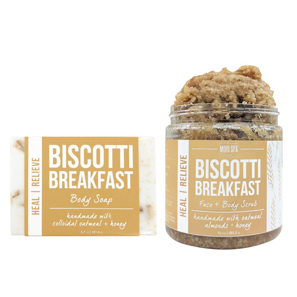 Mojo Spa Biscotti Breakfast Gift Set - 2 Natural Handmade Bath & Body Products for Women | Exfoliating Face & Body Scrub with Moisturizing Soap | Perfect for Self-Care, Spa Day & Birthday Gifts