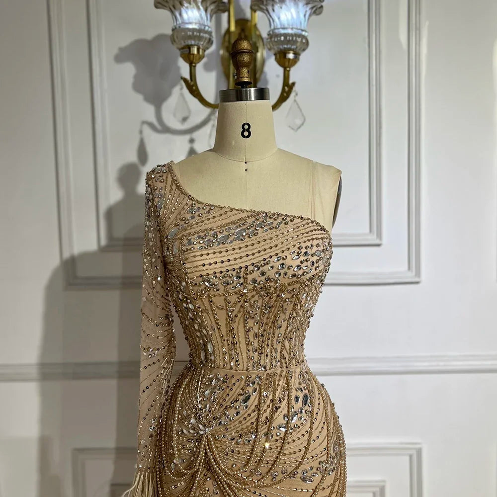 Luxury One Shoulder Beaded Feather Mermaid Evening Dress for Women - Elegant Dubai Nude Gown with High Slit, Perfect for Parties, Prom, and Formal Events - LA72353