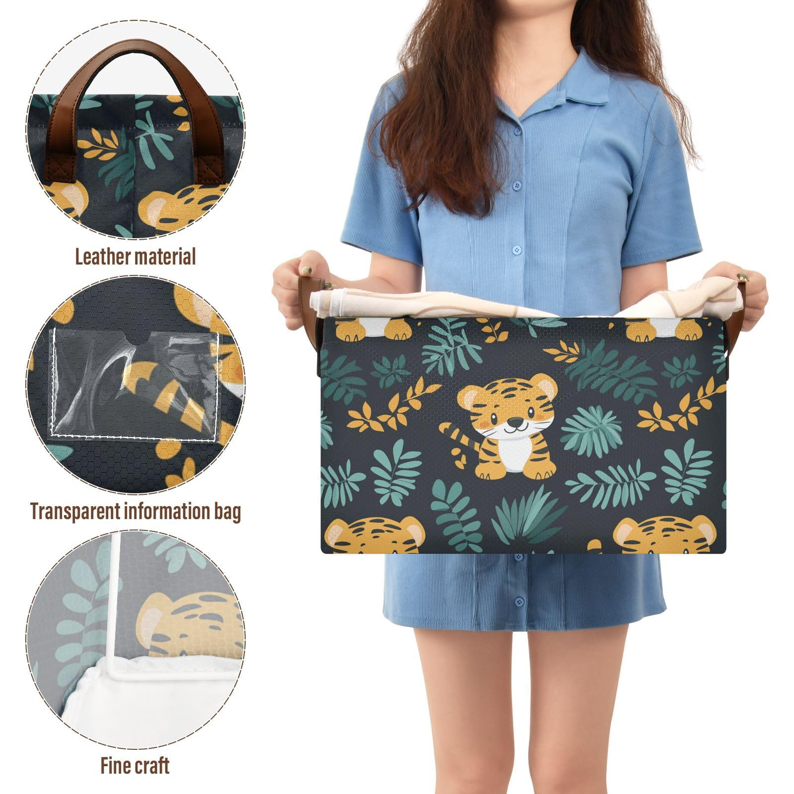 Collapsible Storage Baskets with Handles - Jungle Cute Animal Tigers Fabric Closet Organizer for Clothes, Pantry, Shelves & Drawers | Sturdy Desktop & Classroom Office Storage Solution for Home Organization