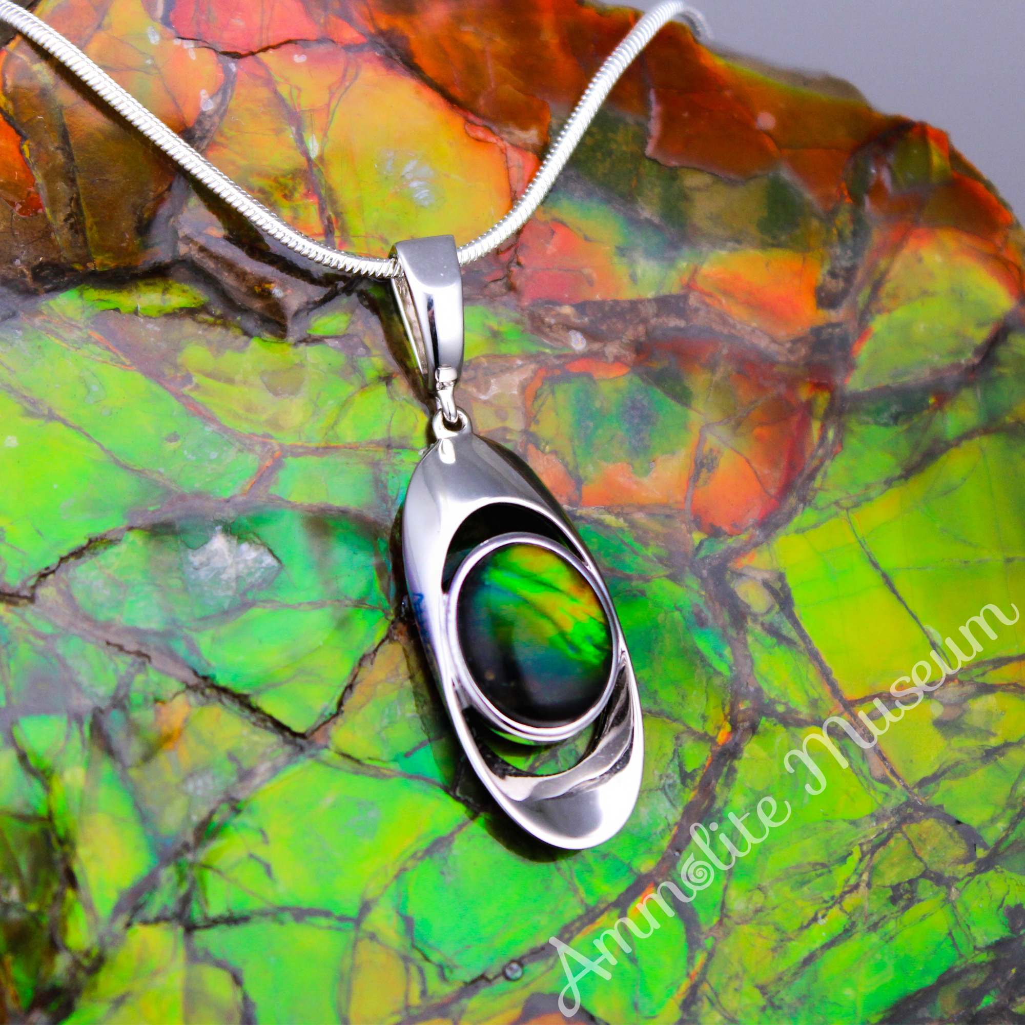 Natural Oval Ammolite Sterling Silver Pendant Necklace – Elegant Jewelry Gift for Women, Perfect for Weddings, Parties & Special Occasions