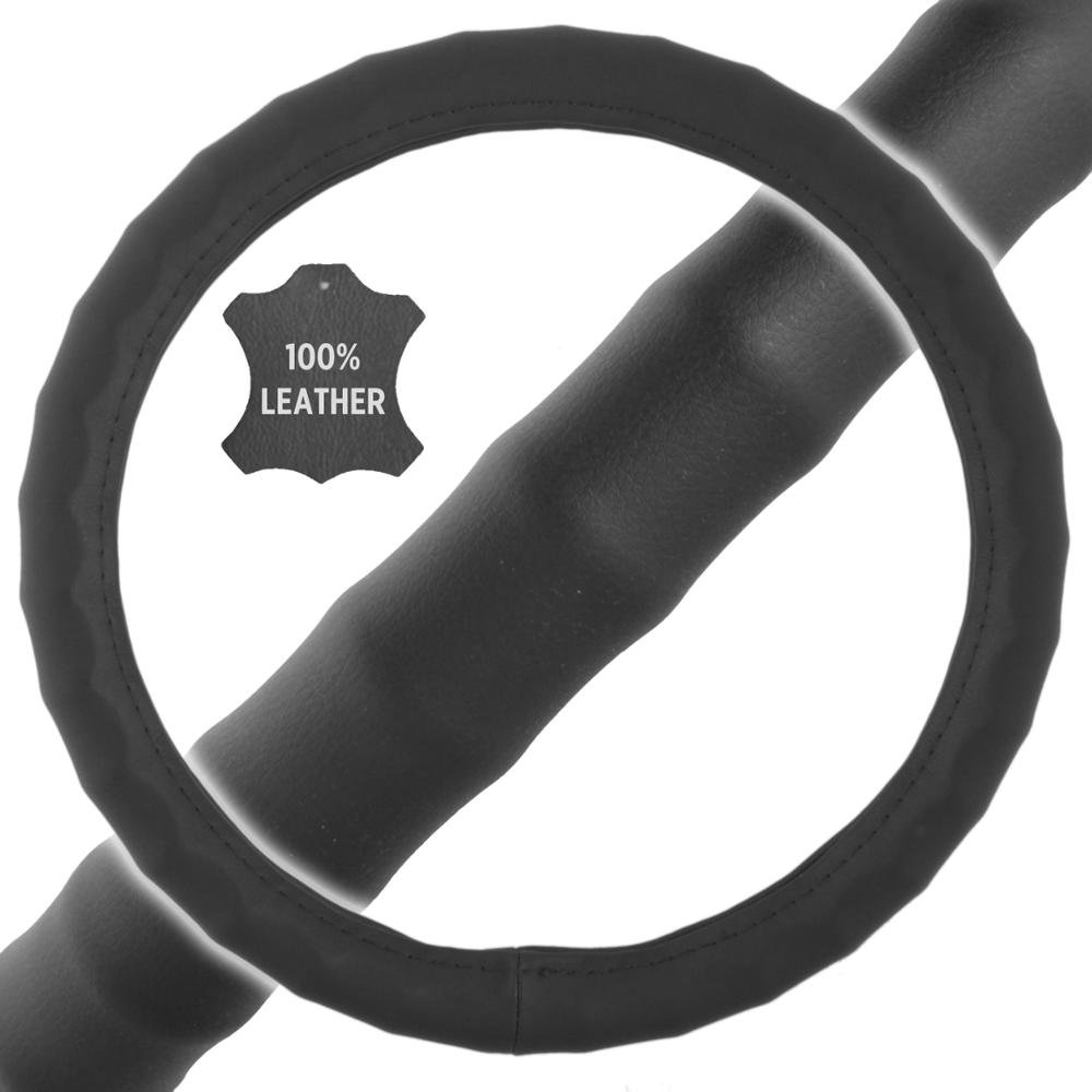 Premium Motor Trend Ergonomic Grip Steering Wheel Cover - Genuine Leather (Black) for Cars, SUVs & Boats (13.5-14.5
