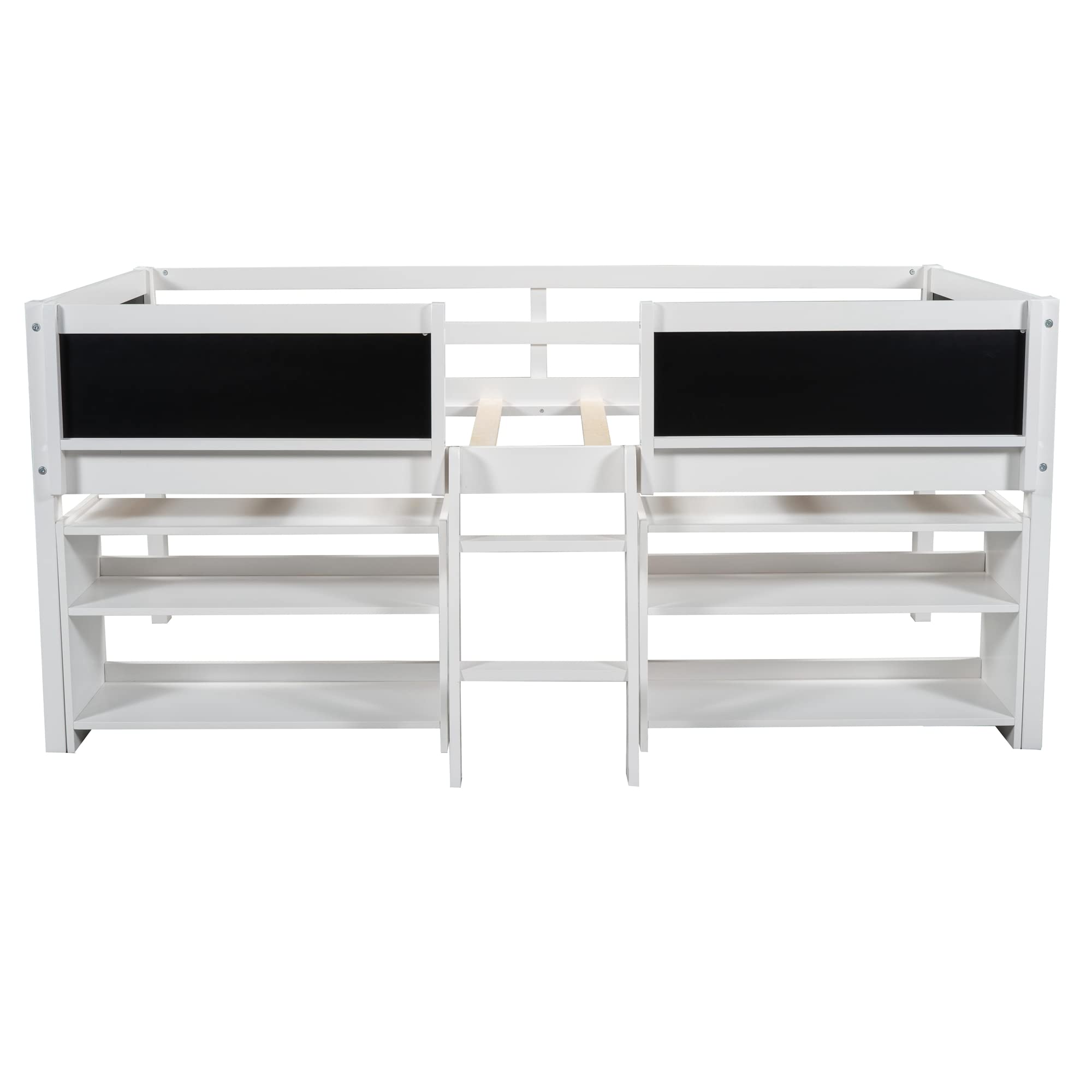 LUMISOL Low Height Twin Loft Bed with 2-Tier Shelves & Chalkboard Guardrail - White Kids Bunk Bed for Small Spaces | Perfect for Toddler Bedrooms, Daycare Centers & Space-Saving Kids Rooms