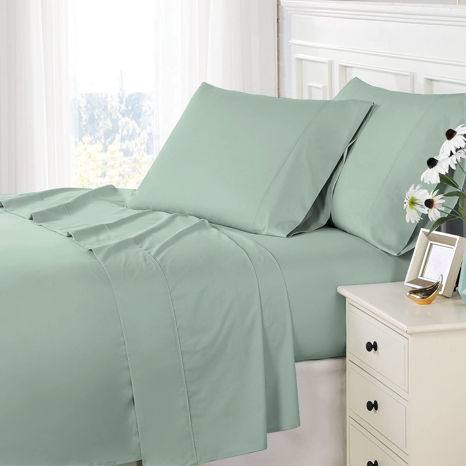 Premium 800 Thread Count 100% Long Staple Cotton Sateen King Sheet Set - 6 Piece Bedding Set with Deep Pockets & 2 Bonus Pillowcases in Sage Green | Ultra Soft, Breathable & Wrinkle-Resistant | Perfect for Master Bedroom, Guest Room & Luxury Hotels