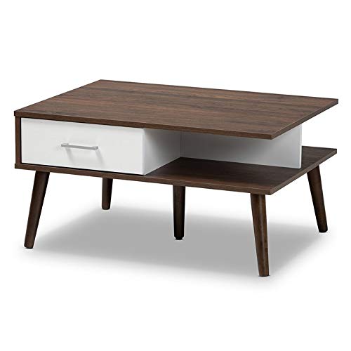 BOWERY HILL Mid-Century Modern Two-Tone Walnut and White 2-Drawer Coffee Table - Stylish Living Room Furniture for Small Spaces & Home Decor