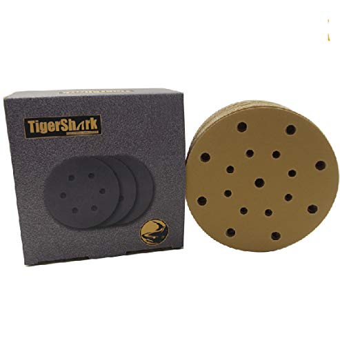 **TigerShark 6 Inch 17 Hole Sanding Discs - 50pcs Assorted Grit (80/100/120/150/220) with Anti-Clog Coating & Hook & Loop Backing - Dustless Sanding for Wood, Metal & Auto Refinishing**    **Usage:** Perfect for woodworking, metal polishing, automotive refinishing, and DIY home projects with random orbital sanders.