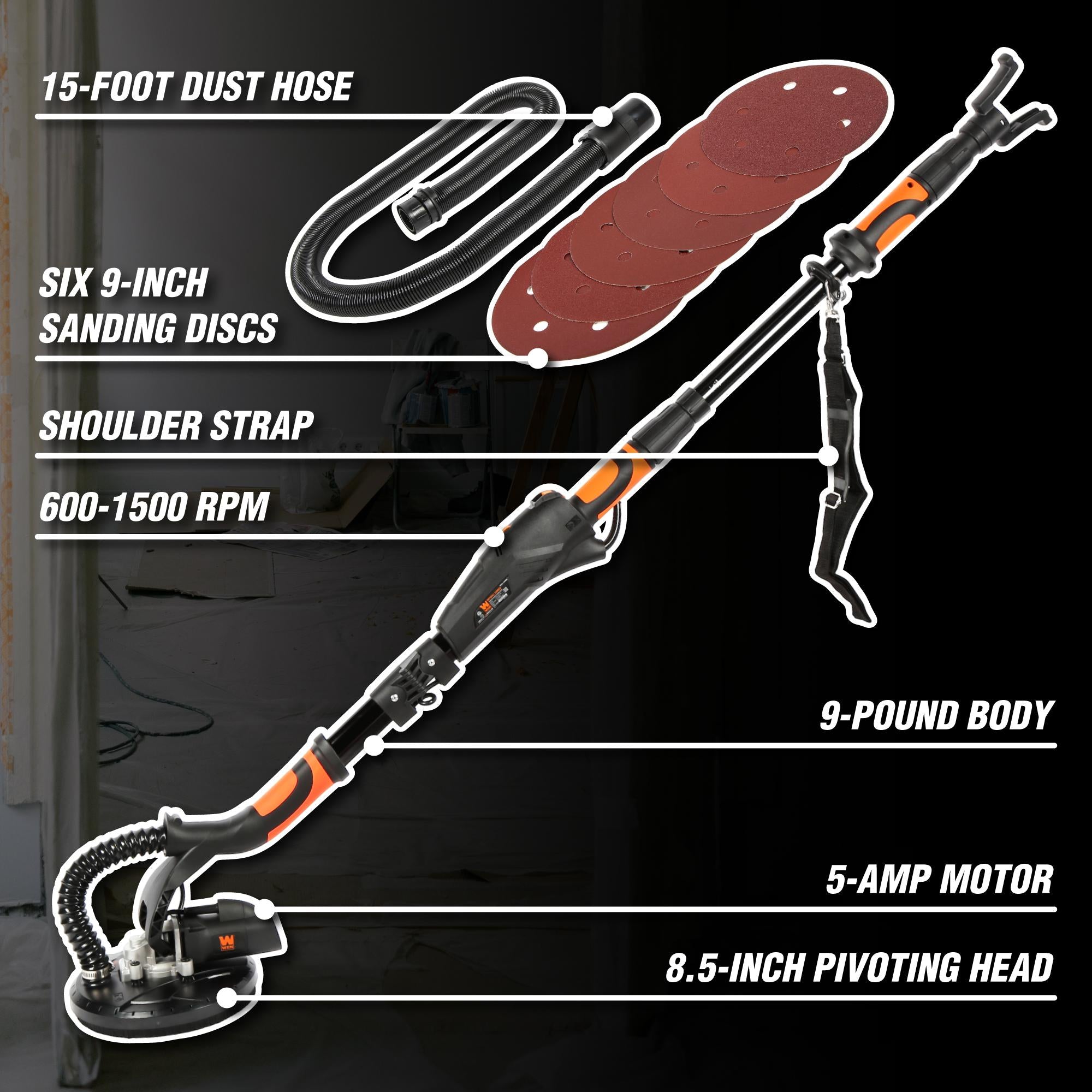 WEN DW5062 Variable Speed 5 Amp Drywall Sander with 15 Foot Dust Hose - Professional Drywall Sanding Tool for Smooth Walls & Ceilings - Perfect for Home Renovation, Construction & DIY Projects