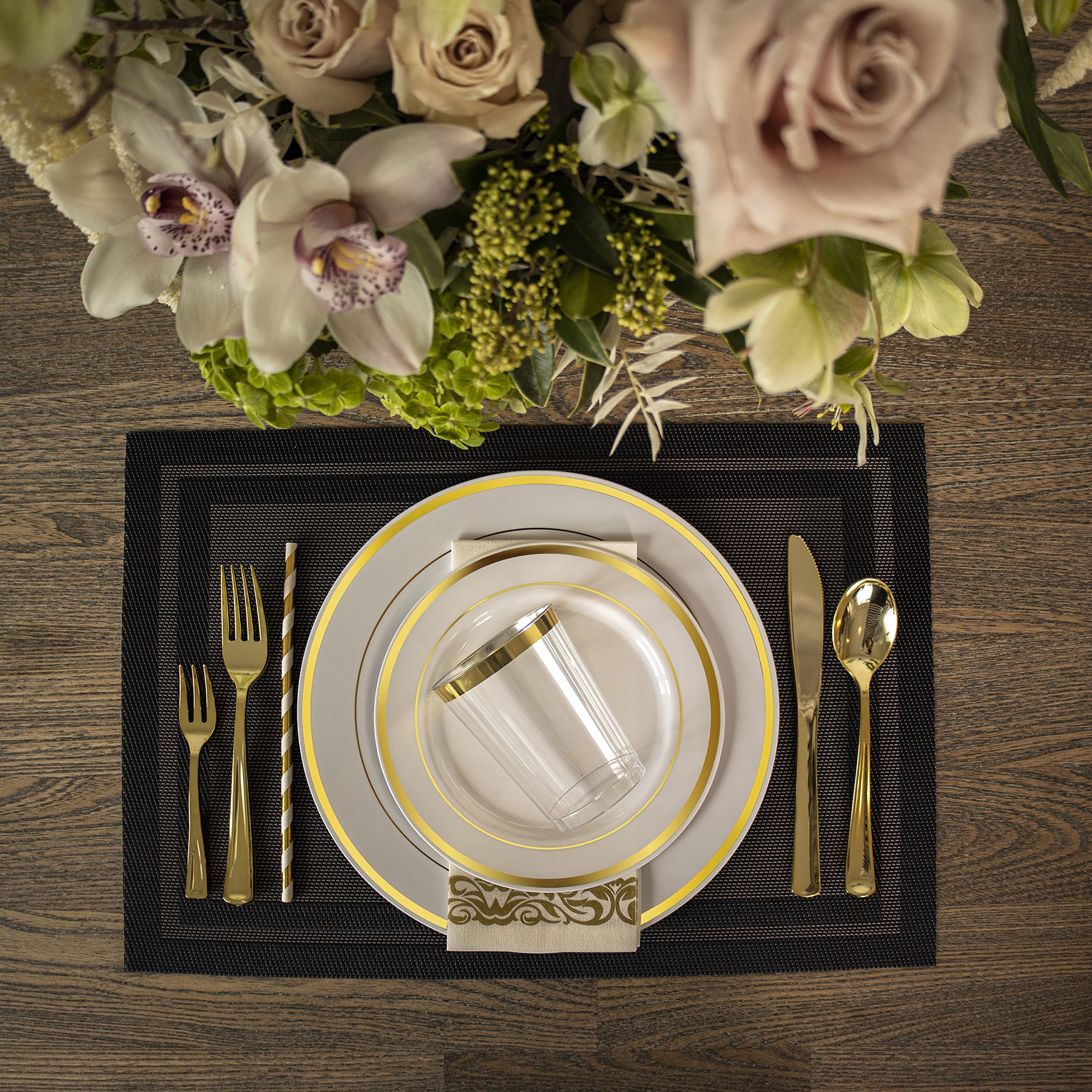 225-Piece Gold Rim Disposable Plastic Dinnerware Set (2 Sets) + 54