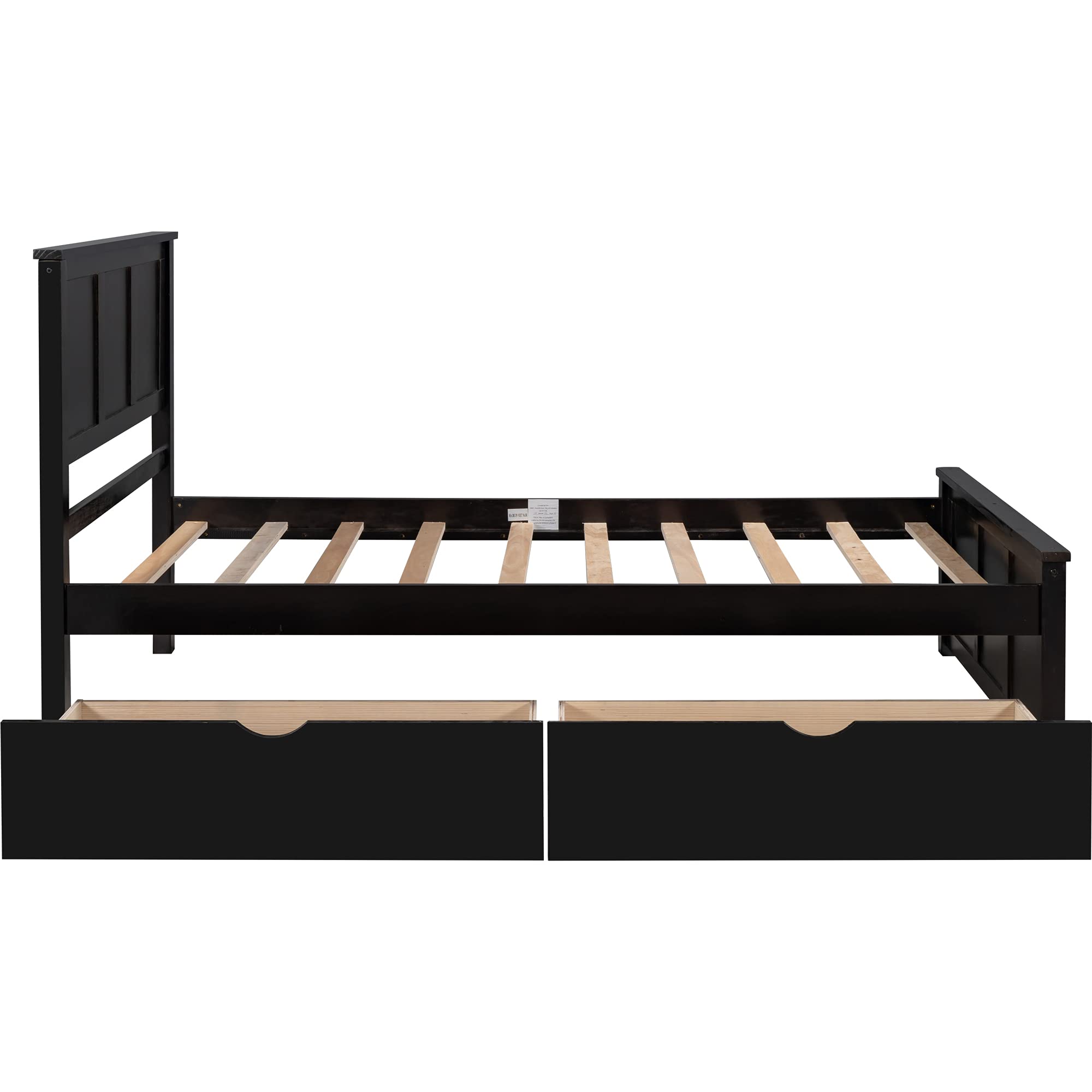 P PURLOVE Twin Size Wooden Platform Bed Frame with Storage Drawers & Headboard - Solid Wood Slat Support, No Box Spring Needed - Perfect for Kids' Rooms, Guest Bedrooms & Small Spaces