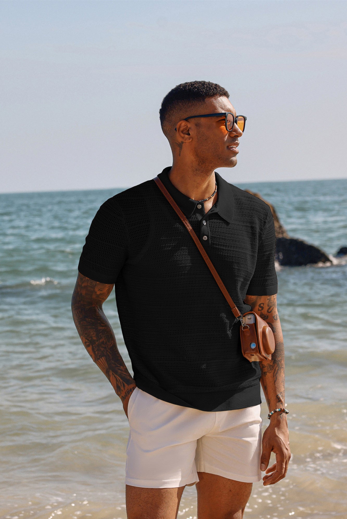 Breathable Men's Hollow Out Polo Shirt - Lightweight Short Sleeve Knit Casual Top for Summer Outdoor Activities & Golf Wear