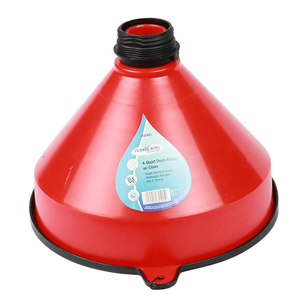 Wirthco Funnel King 32425 4 Quart Drum Funnel with 2 Inch Threads & Lockable Lid - Perfect for Automotive Fluids, Marine Fuel Transfer, and Industrial Chemical Storage