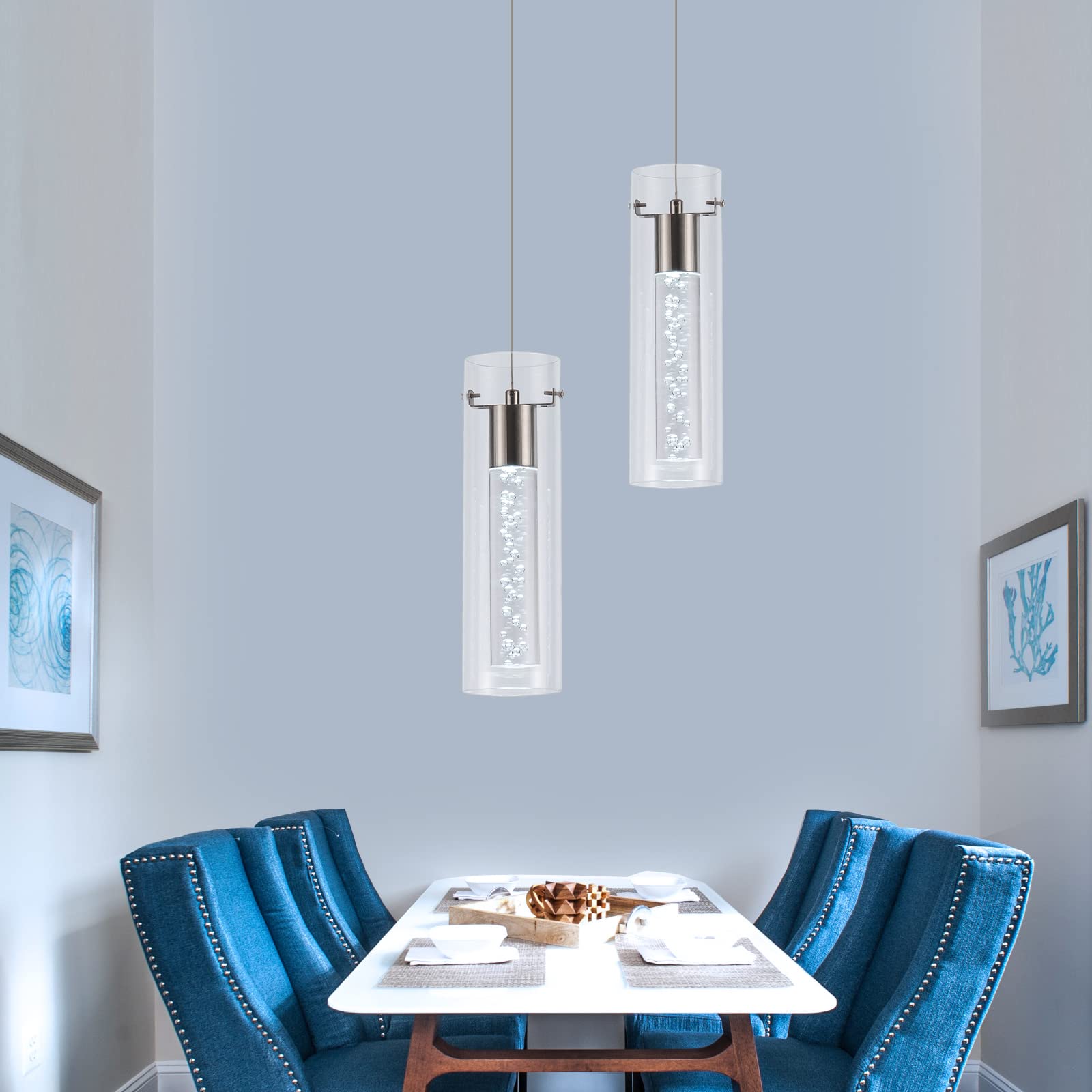 3 Pack Brushed Nickel Pendant Lights - 24W 2100 Lumen 6000K LED Island Lighting for Kitchen, Dining Room & Restaurant | Modern Hanging Fixtures for Home & Commercial Spaces