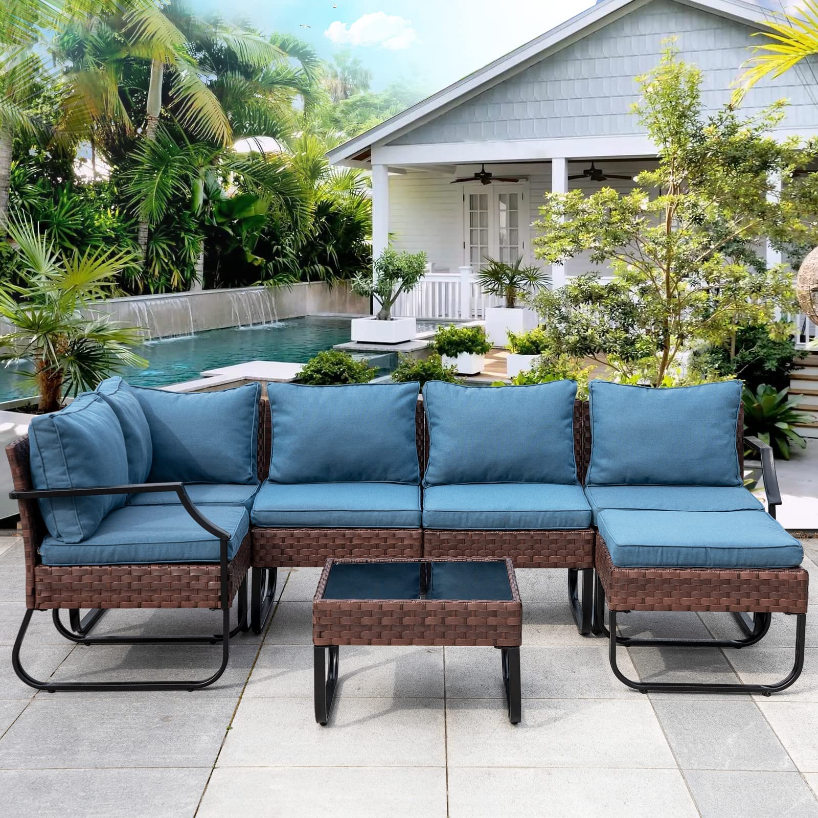 **Luckwind 7-Piece All-Weather Brown Wicker Patio Conversation Set with Cushions & Glass Coffee Table – Modern Outdoor Sectional Sofa for Garden, Poolside, or Backyard Relaxation**