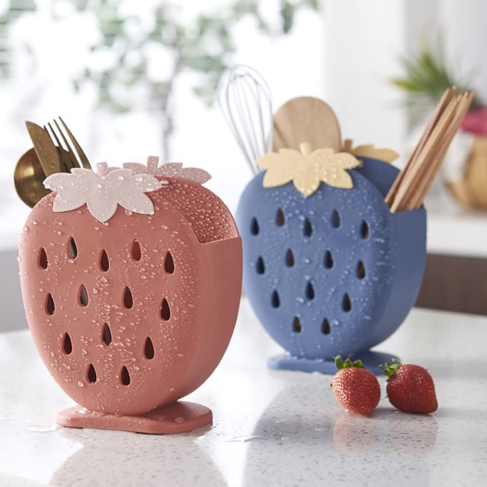 WAYUTO 2-Pack Plastic Strawberry Pen Holder & Utensil Organizer - Multi-Purpose Storage Rack for Pens, Chopsticks, Spoons, Forks - Kitchen Countertop & Study Desk Accessory (Pink/Red) - Perfect for Office, Dorm, and Home Organization