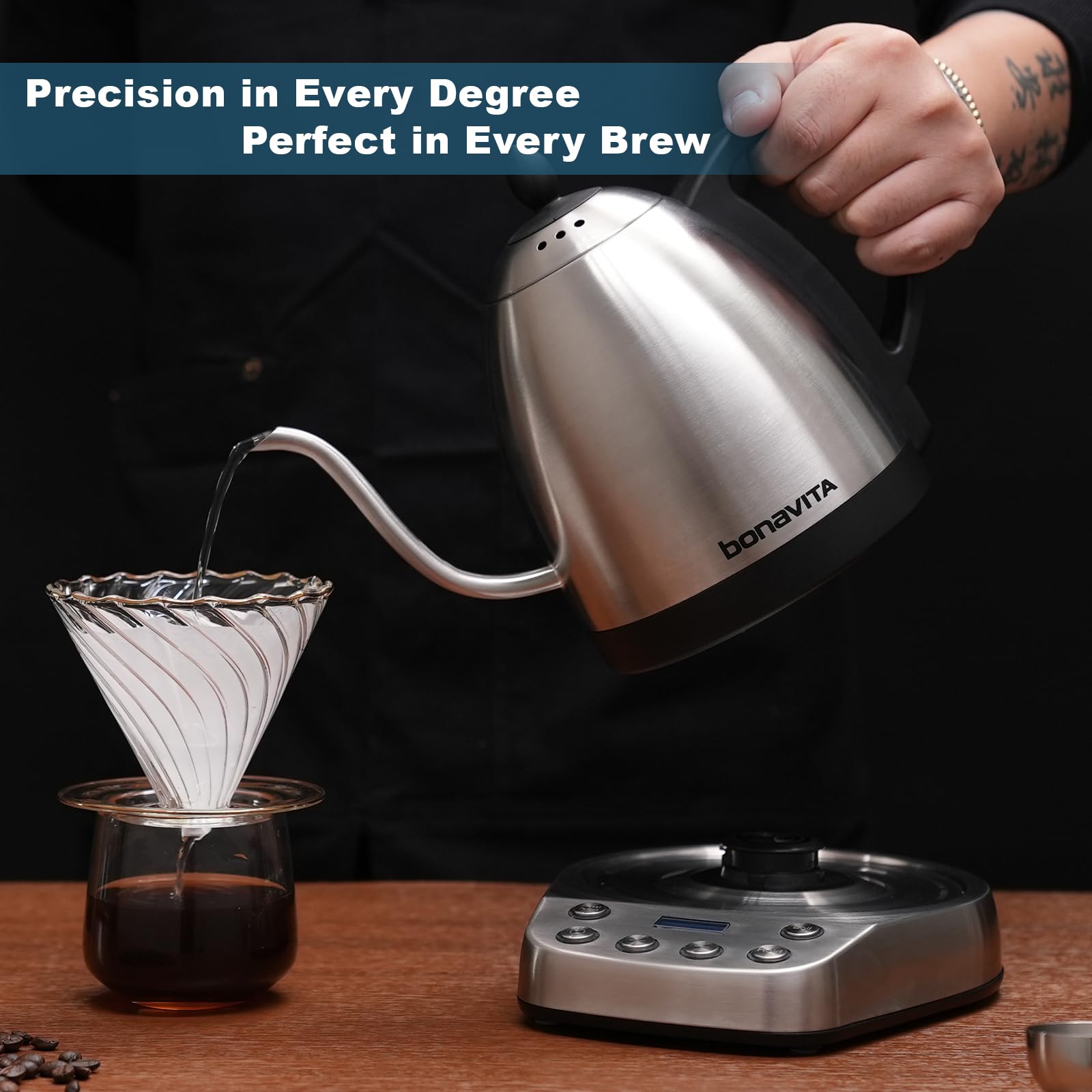 Bonavita Gooseneck Electric Kettle - 1L Stainless Steel Water Boiler with Digital Temperature Control & 6 Presets | Perfect for Pour-Over Coffee, Tea, French Press & Home Brewing | Fast Heating & Precise Pouring for Coffee Shops, Cafés & Kitchen Use