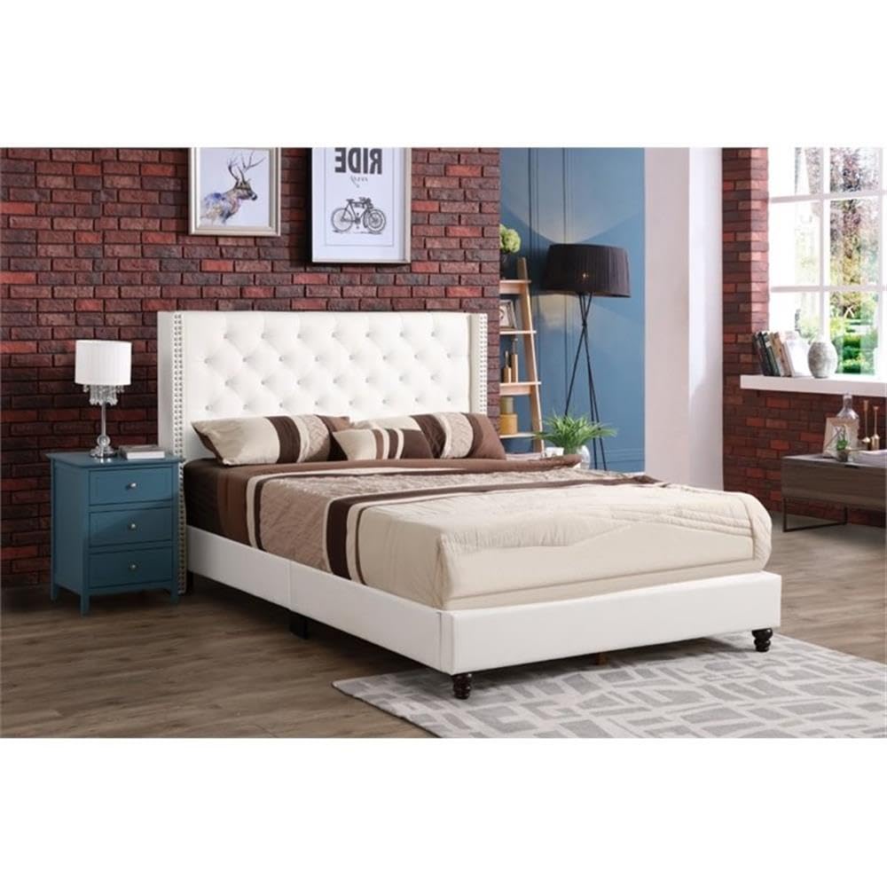 Glory Furniture Julie White Faux Leather Upholstered Queen Size Bed Frame - Perfect for Modern Bedroom & Guest Room Decor