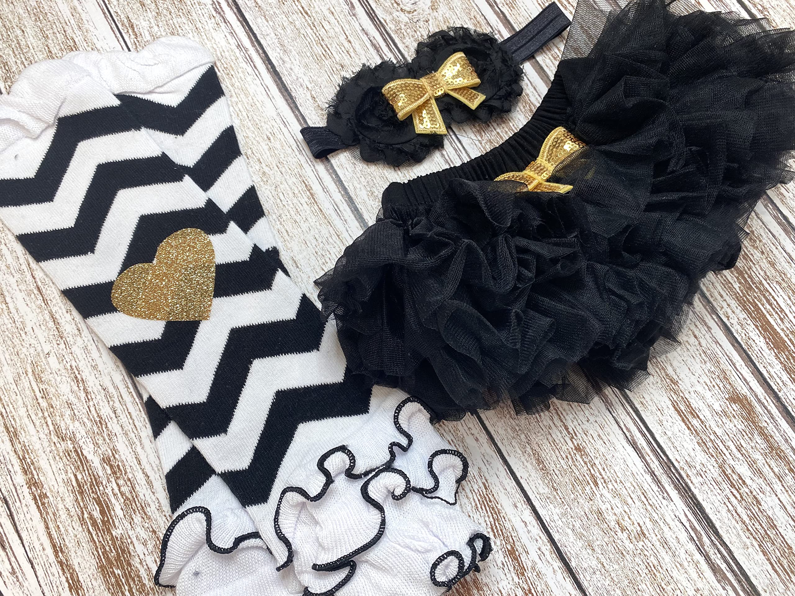 Personalized 6-Month Baby Girl Outfit - Halfway to One Birthday Set with Optional Tutu, Bloomers, Headband & Leg Warmers (Black & Gold) - Perfect for Photoshoots, First Birthday Celebrations & Special Occasions