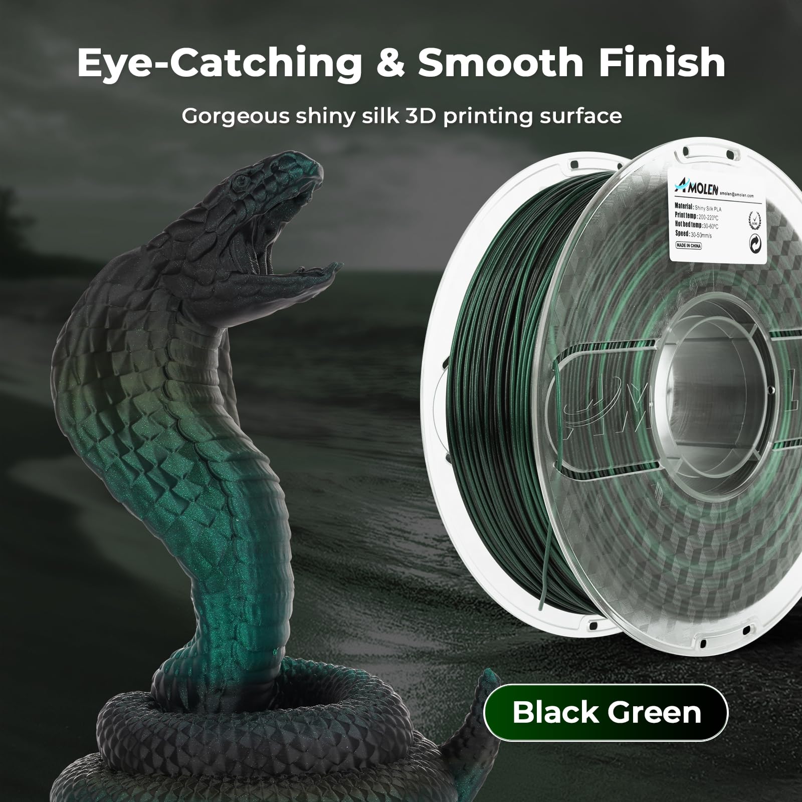 AMOLEN PLA 3D Printer Filament 1.75mm - Silk Black & Shiny Green 1KG/2.2lb Spool - High Quality 3D Printing Material for Cosplay, Home Decor & DIY Projects