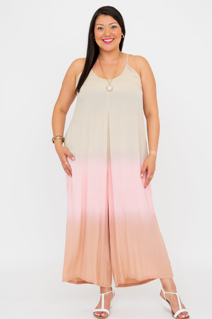 Ender Jumpsuit - Tan Dip Dye Women's Romper | Stylish Casual Outfit for Summer, Beach, and Outdoor Activities