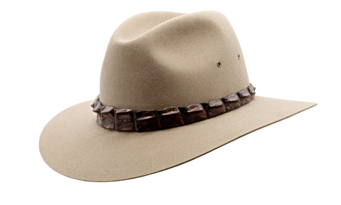 Akubra 'Coolabah' Outback Hat with Genuine Crocodile Leather Band - Premium Australian Bush Hat for Outdoor Adventures, Hiking, and Country Style Fashion