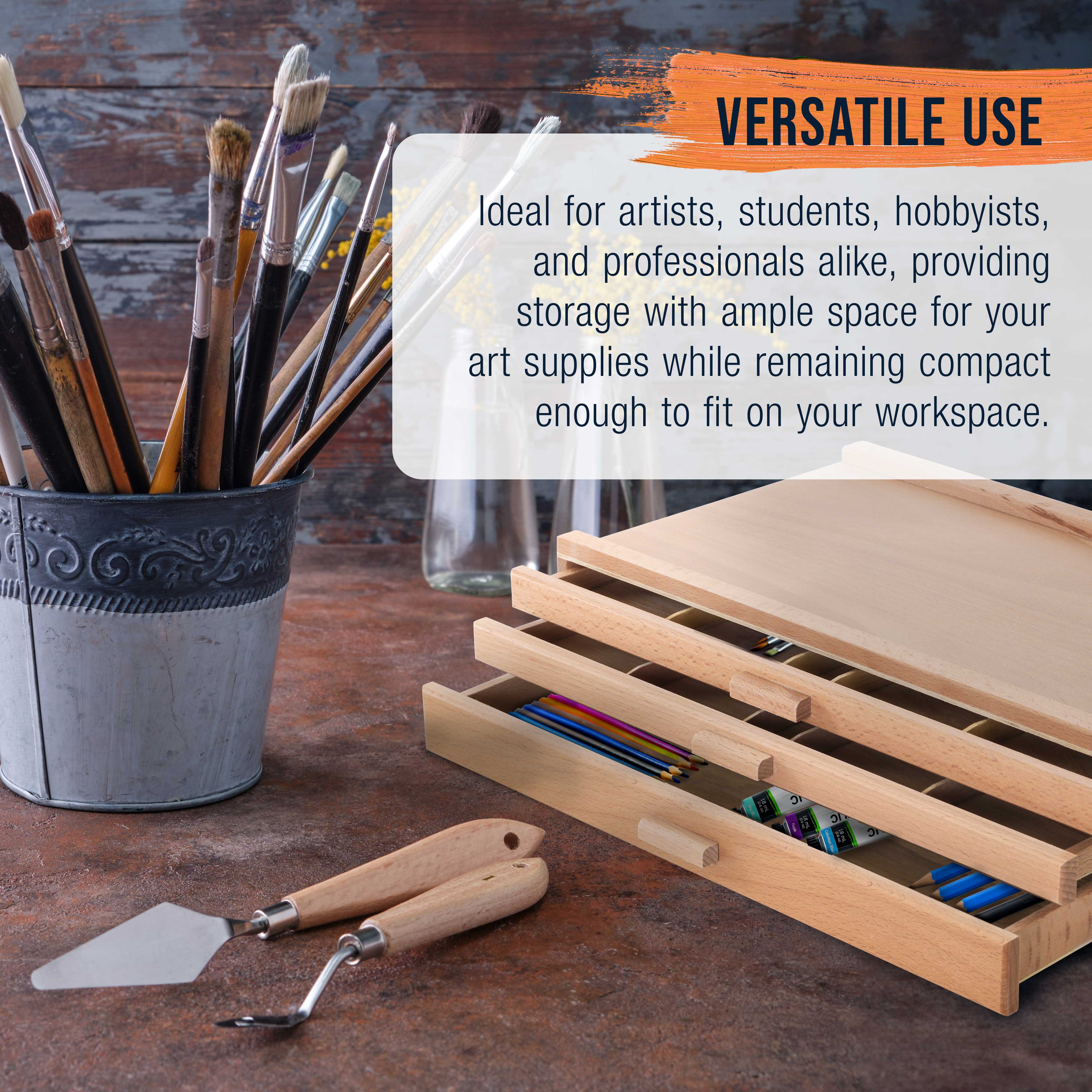 3-Drawer Artist Wood Storage Box - Elm Hardwood Construction with 5 Compartments per Drawer | Organize Pastels, Pens, Pencils, Markers, Charcoal & Blending Tools | Perfect for Art Studios, Classrooms & Home Crafting