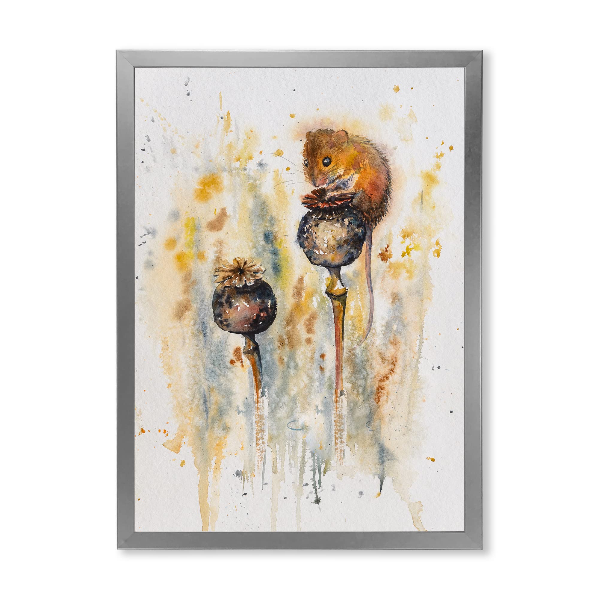 DesignQ Traditional Framed Wall Art - Mouse Sitting on Poppies Painting - Perfect for Living Room, Bedroom & Office Decor