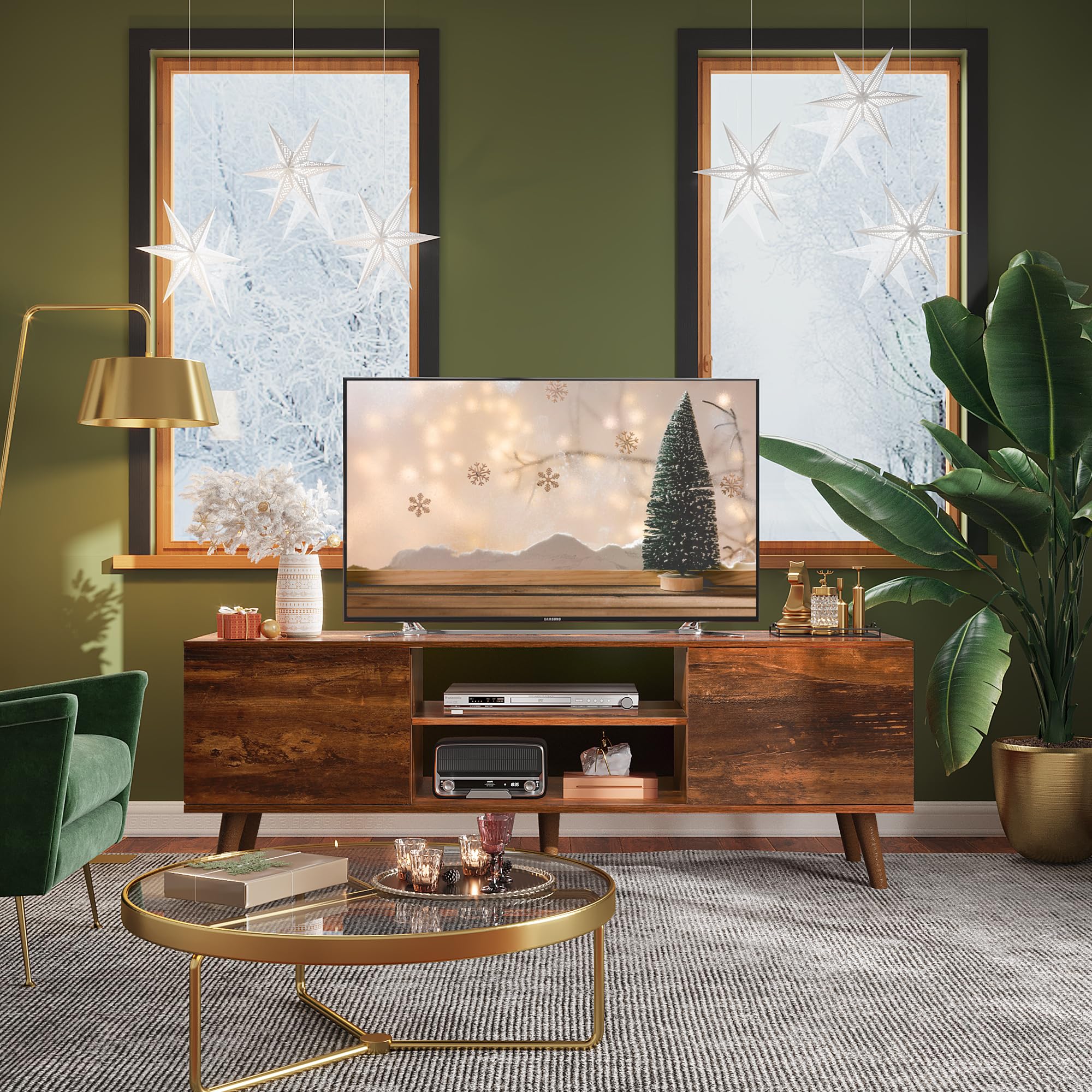 WLIVE Mid Century Modern TV Stand for 55-60 Inch TVs - Retro Brown Entertainment Center with Storage - Perfect for Living Room Home Theater Setup