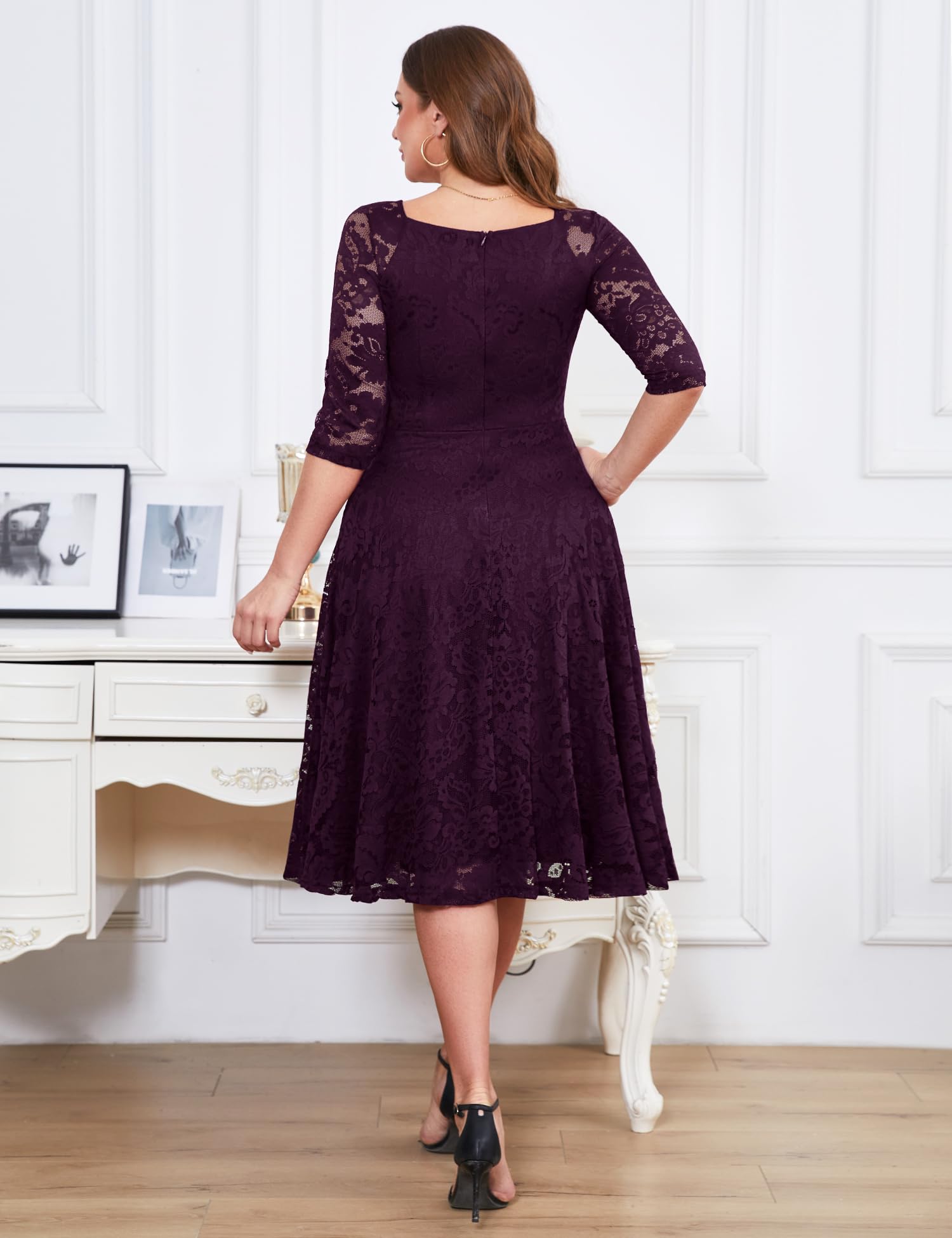 Elegant Long-Sleeve Lace Wedding Guest Dress for Women - A-Line Formal Cocktail Party Midi Gown | Perfect for Prom, Evening Events & Special Occasions