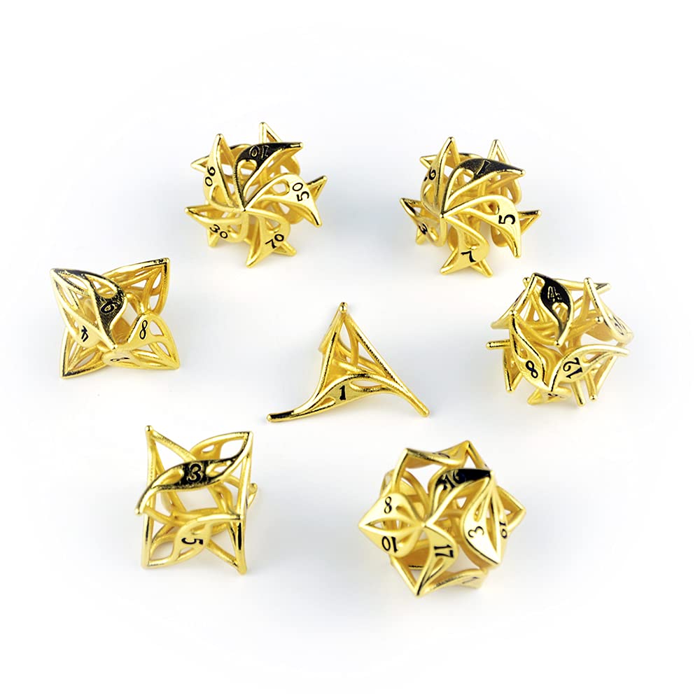 DND Dice Set - 7-Piece Metal Hollow RPG Dice for Dungeons & Dragons, Savage Worlds & Tabletop Games | Ancient Gold Plated Copper D4-D20 Polyhedral Dice | Perfect for RPG Campaigns, Collectors & Gift Giving
