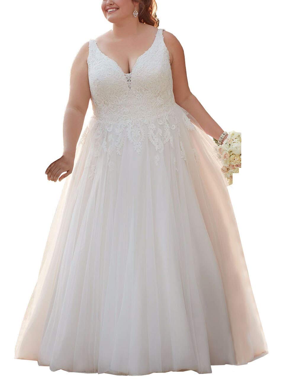 Mulanbridal Lace Applique Plus Size Wedding Dress - V Neck Beach Bridal Gown for Women | Perfect for Beach Weddings, Destination Ceremonies & Romantic Photoshoots