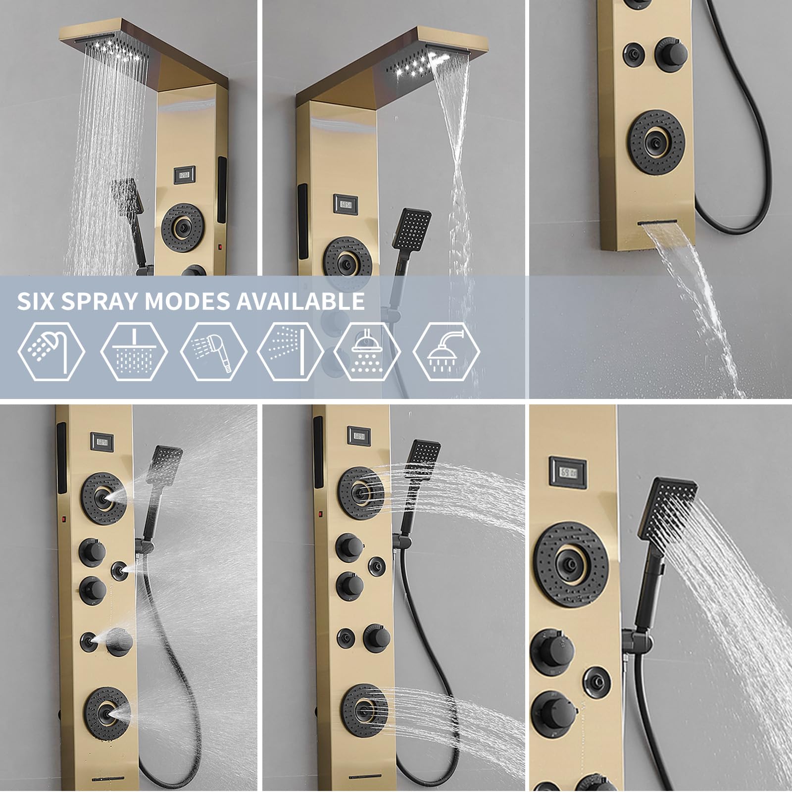 Brushed Gold LED Rainfall Shower Panel System - 6-Function Body Massage Shower Tower with Temperature Display | Wall Mount Bathroom Fixture for Luxurious Spa Experience