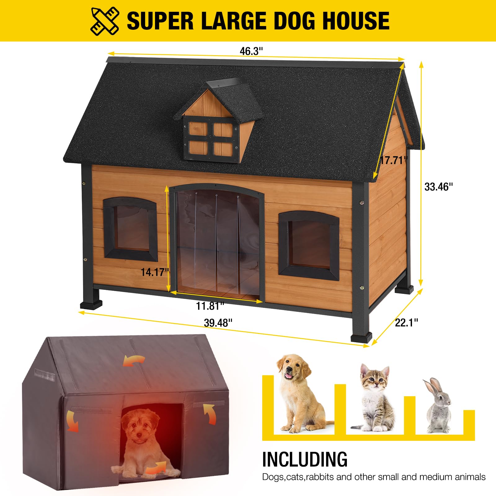 Aivituvin Insulated Wooden Dog House with Anti-Chewing Metal Frame - Weatherproof Indoor/Outdoor Pet Kennel with Unique Roof Design for Small to Medium Dogs | Perfect for Backyard, Patio, and Garage Use