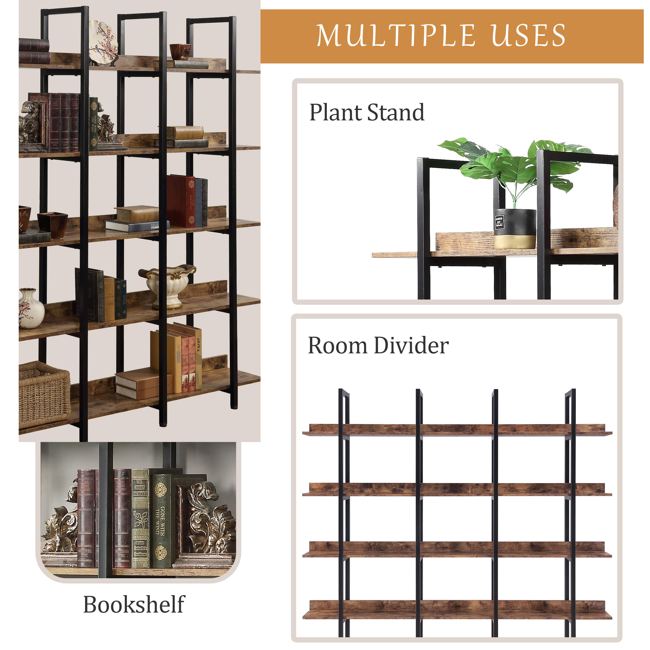5-Tier Industrial Bookshelf - Sturdy Metal Frame Storage Organizer for Home Office, Living Room & Bedroom - Brown Wooden Bookcase for Books, Decor & Display
