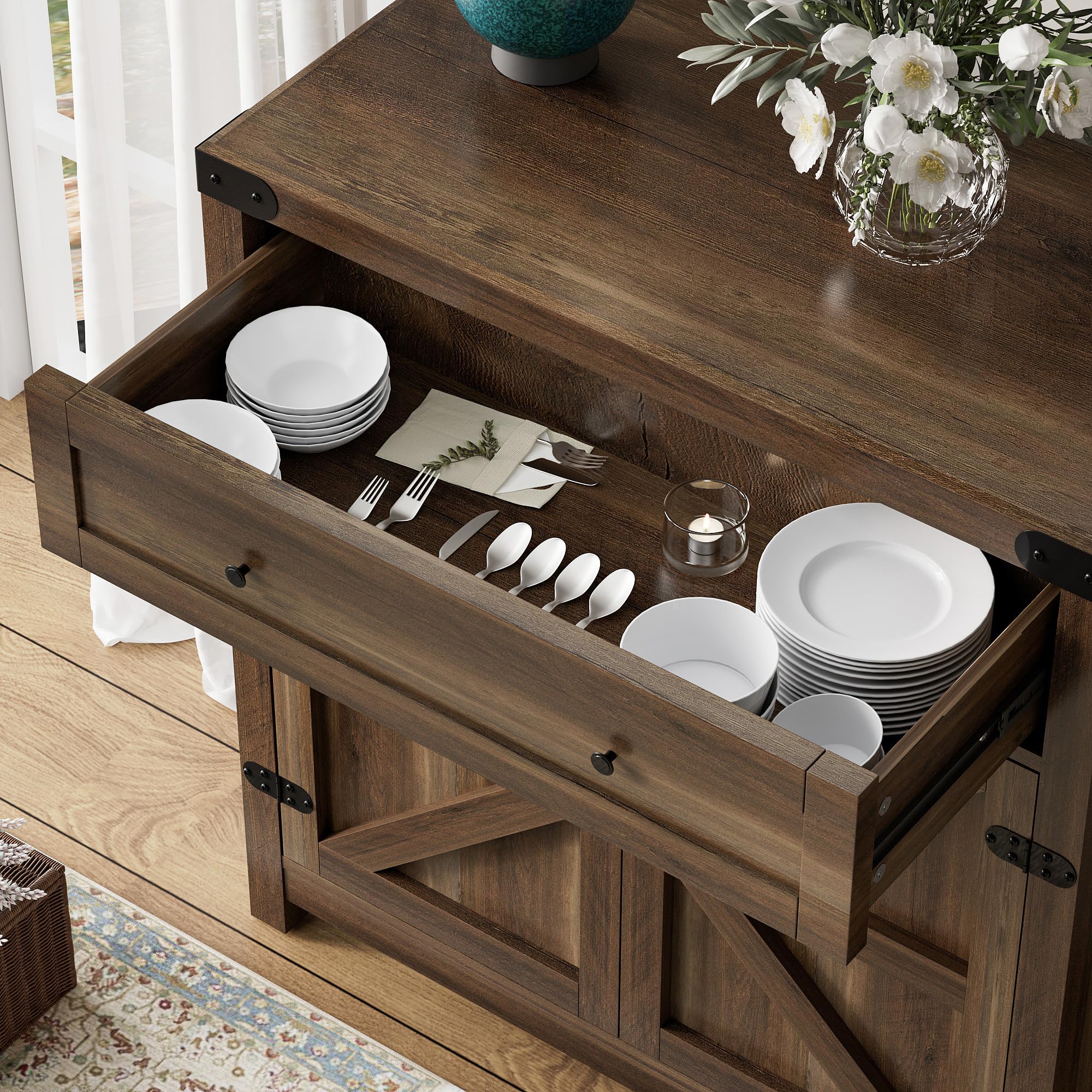 Flamaker Rustic Sideboard Buffet Cabinet with Storage - Farmhouse Coffee Bar Cabinet with 1 Drawer & 2 Barn Doors - Kitchen, Dining Room, Entryway Storage Solution - Perfect for Entertaining, Displaying Decor & Organizing Dishes (Brown)