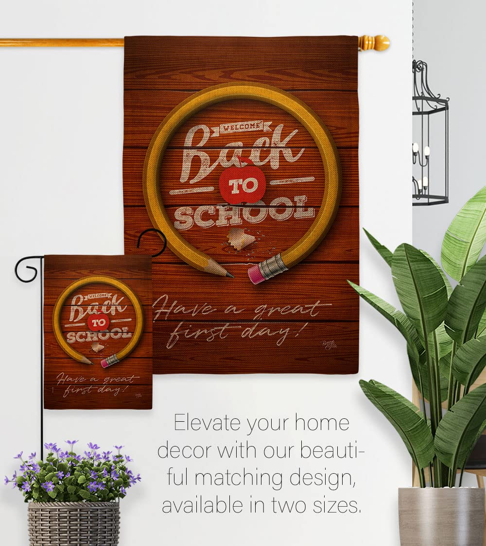 Breeze Decor First Day of School Burlap House Flag - Double-Sided Back to School Banner for Teachers & Students - Made in USA - Perfect for Classroom Decor, Yard Signs, and Teacher Appreciation Gifts