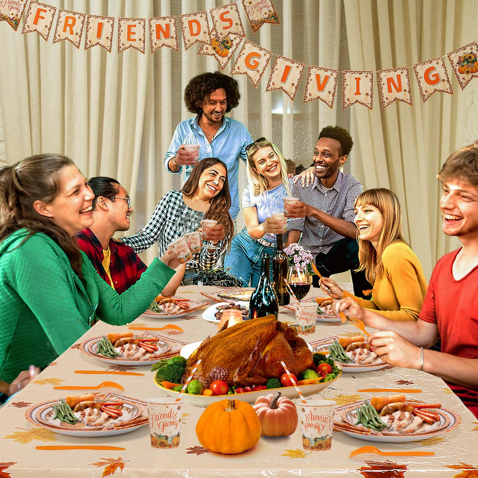 Friendsgiving Party Decorations Set - 194pcs Thanksgiving Tableware Kit with Pumpkin Plates, Cups, Forks & Napkins for 24 Guests | Thanksgiving Dinner Decor, Friendsgiving Table Setting for Holiday Gatherings & Family Feasts