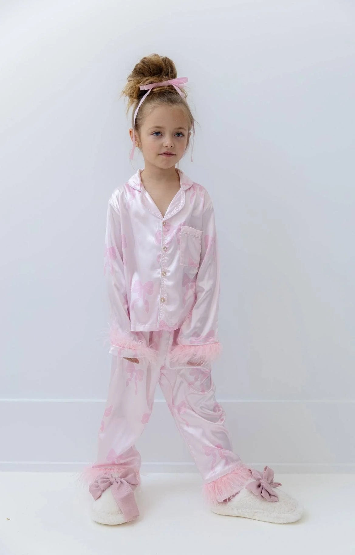 Lola & The Boys Pretty in Bows Silk Pajama Set for Girls - Soft Luxury Sleepwear for Kids, Toddler & Baby - Perfect for Birthday Gifts, Christmas & Special Occasions