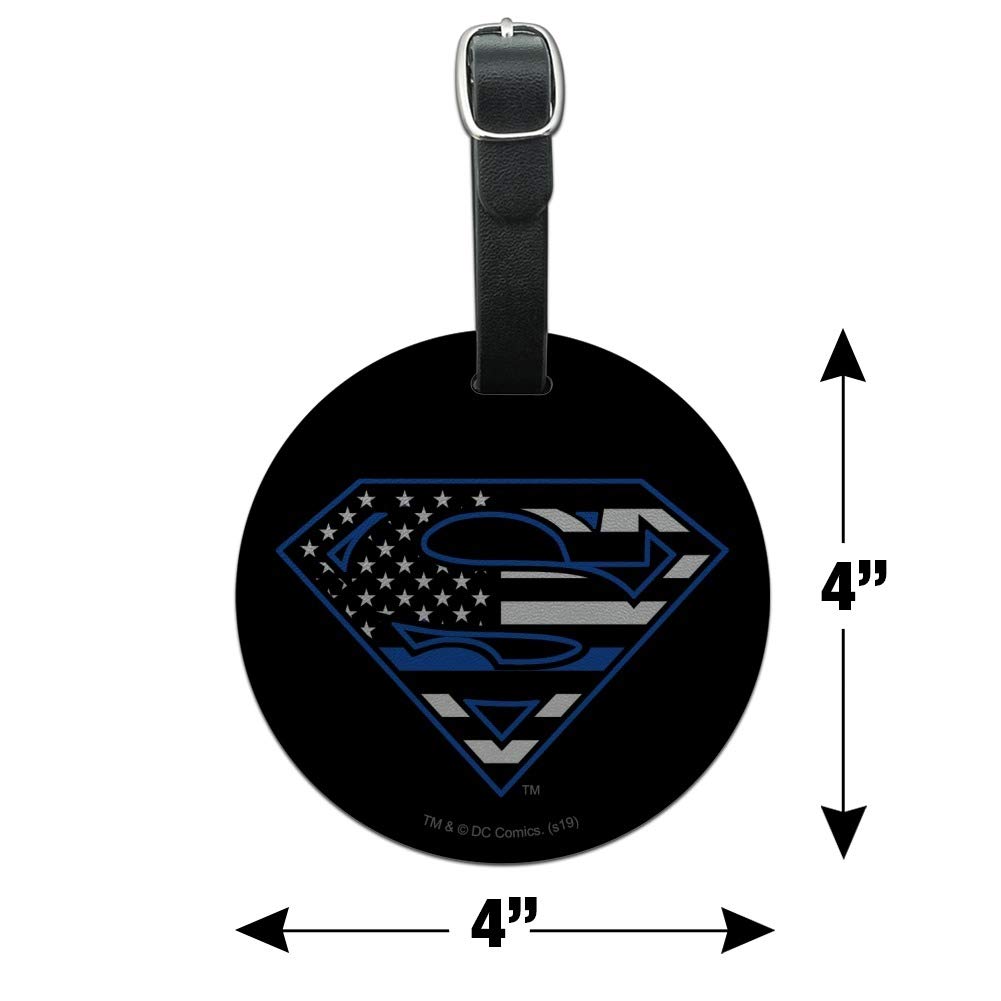Superman Thin Blue Line Shield Logo Round Leather Luggage Tag - Durable ID Card Holder for Travel Bags, Suitcases & Backpacks - Perfect for Police Officers, First Responders & Patriotic Travelers