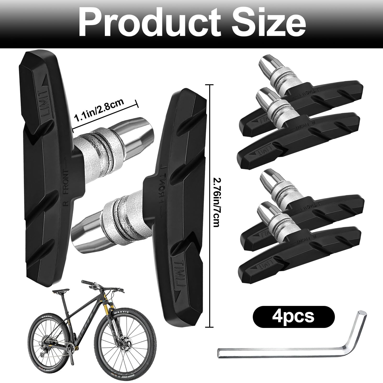 Premium 4-Piece Bike Brake Pads - Durable Mountain & Road Bicycle Brake Blocks for Enhanced Stopping Power (Black) | Perfect for Commuting, Trail Riding & Urban Cycling Safety