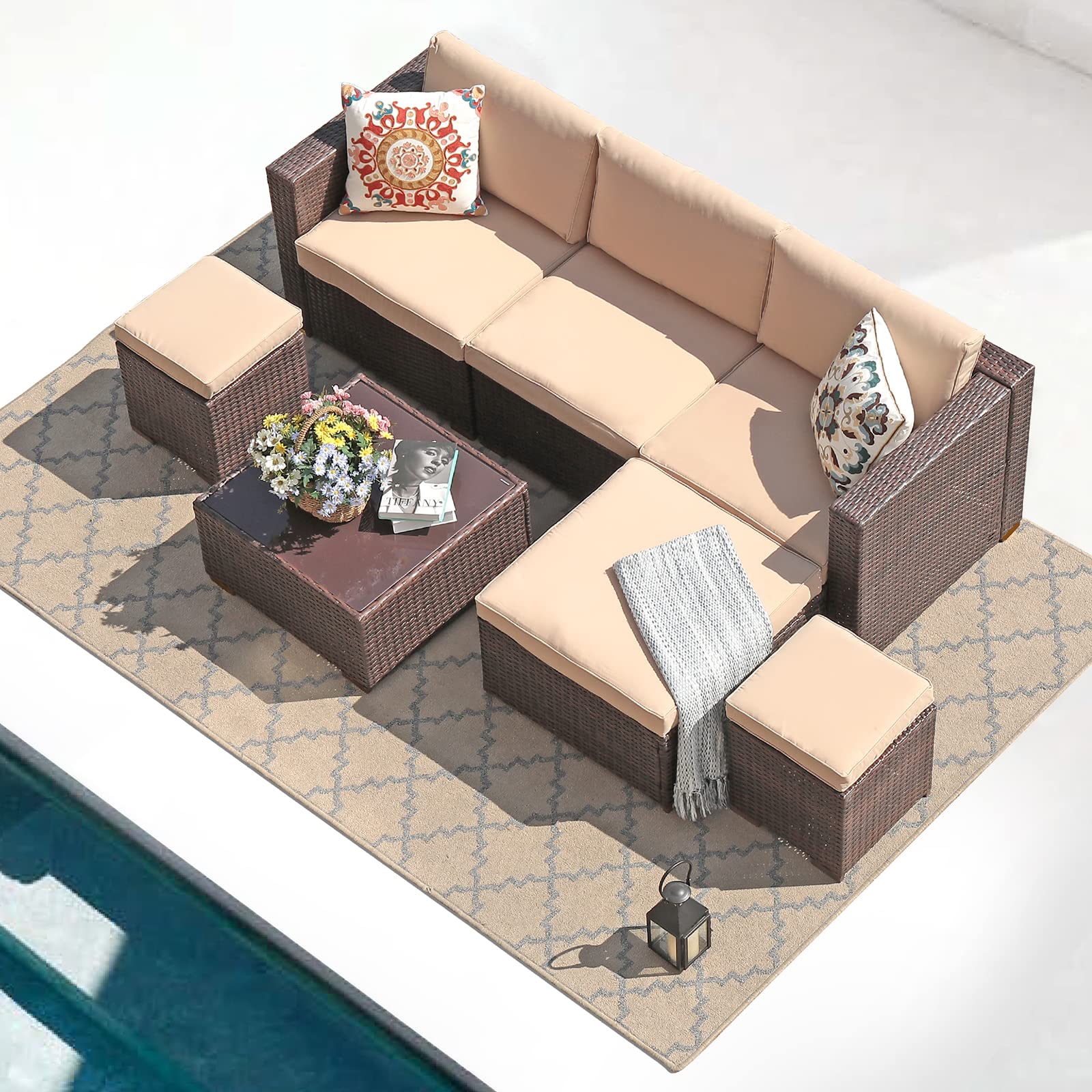 7-Piece Patiorama Outdoor Patio Furniture Set - All-Weather Brown Wicker Rattan Sectional Sofa with Glass Table & 2 Ottomans, Beige Cushions - Perfect for Garden, Poolside, and Backyard Relaxation