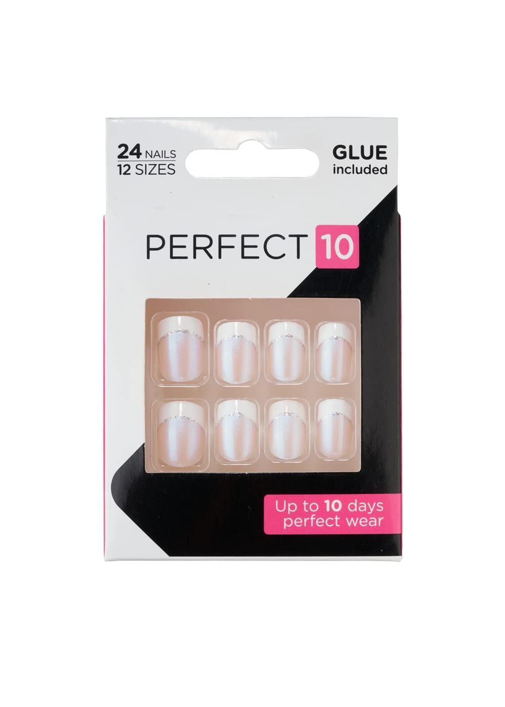 Perfect 10 French Glitter False Nails - Long Lasting Press On Nails with Glitter Tips - Easy to Apply Fake Nails for Parties, Weddings & Special Occasions