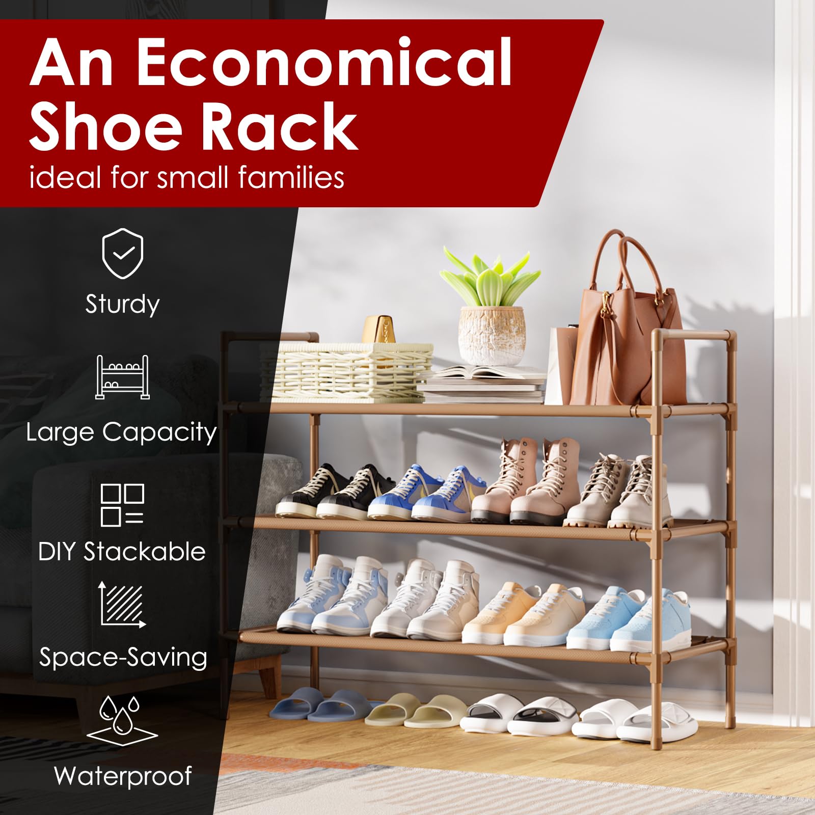 3-Tier Stackable Shoe Rack Organizer with Non-Woven Fabric - Extra Large Brown Shoe Shelf for Closet, Garage, Entryway & Hallway - Sturdy Space-Saving Storage Solution for Shoes, Boots & Sneakers - Perfect for Home, Apartment & Dorm Organization