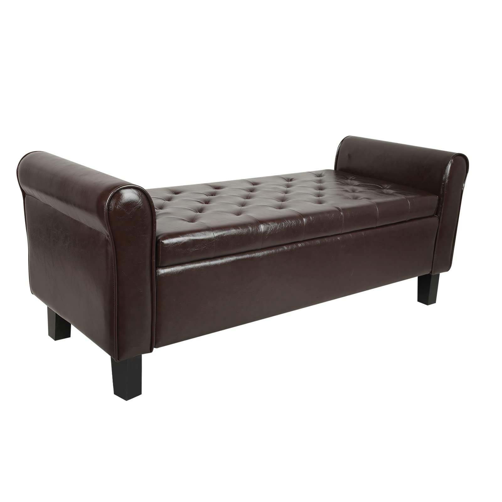 ECOMEX Faux Leather Storage Bench for Bedroom - Large Brown Upholstered Seat with Rolled Arms, Multi-Functional Ottoman for Living Room, Entryway & Window Seat - Perfect for Extra Seating & Hidden Storage Organization