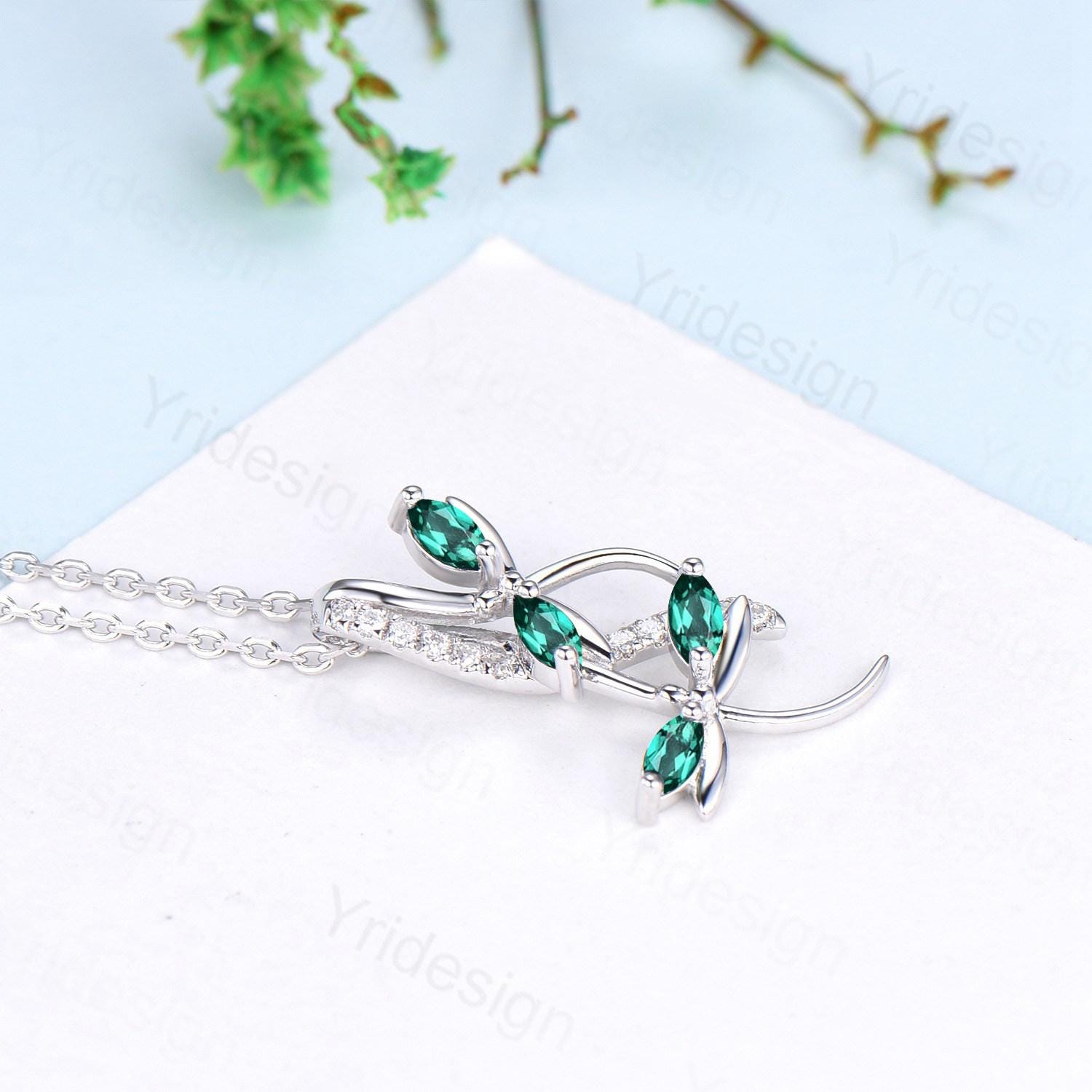 Nature Inspired Emerald Necklace - Unique Marquise Cut Dragonfly Pendant with May Birthstone | Elegant Women's Jewelry Gift for Anniversary, Birthday & Special Occasions | Perfect for Weddings, Date Nights & Formal Events