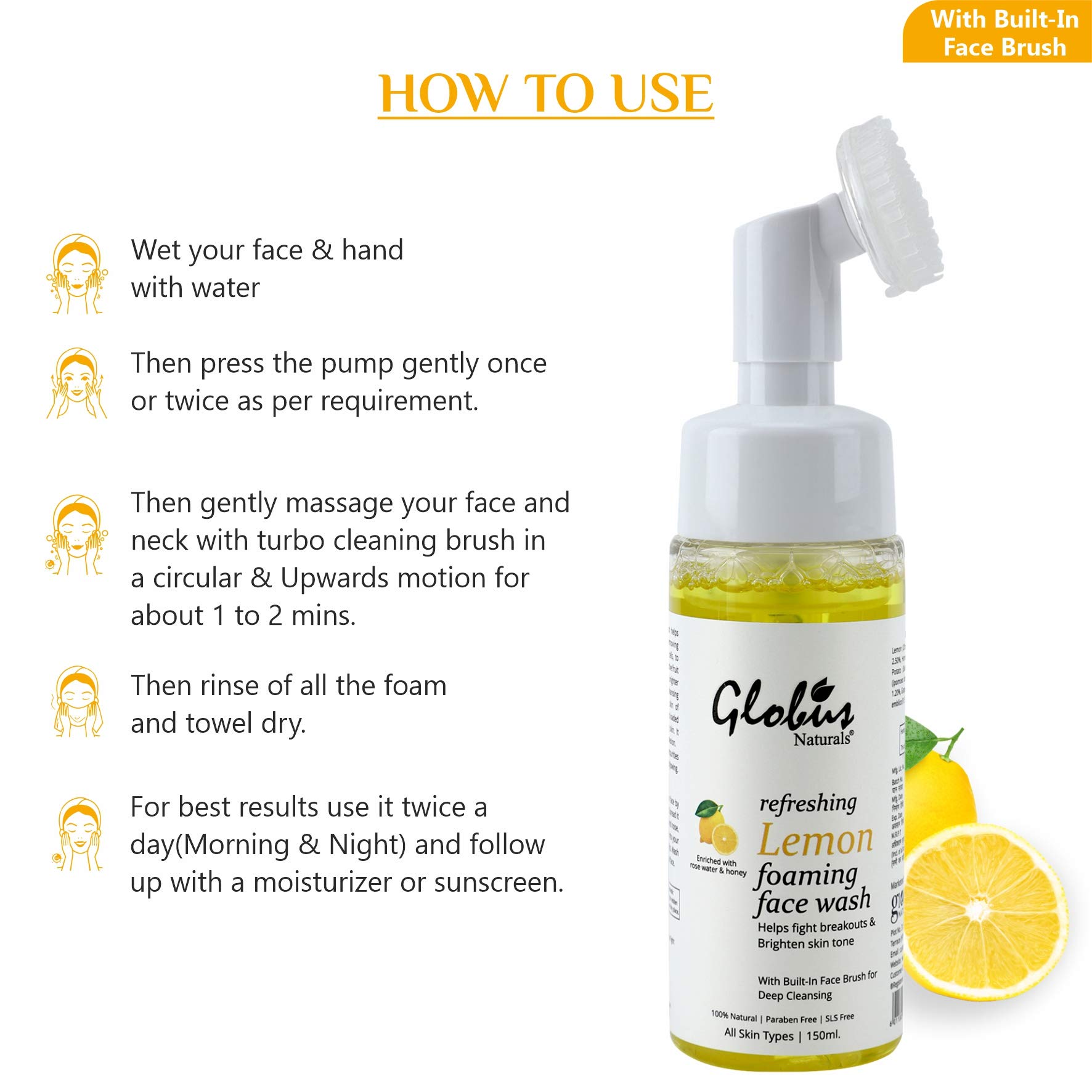 Globus Naturals Refreshing Lemon Foaming Face Wash with Silicone Massage Brush - Acne Fighting, Skin Brightening, Paraben & Sulfate Free (150ml) | Gentle Cleanser for Oily & Combination Skin | Morning & Night Skincare Routine