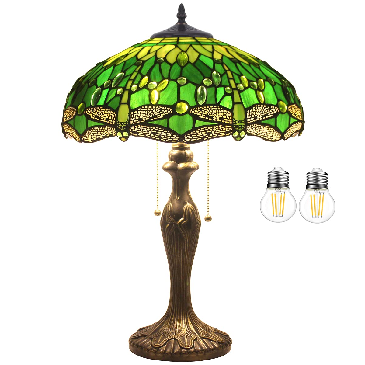 Tiffany Style Table Lamp - Green Stained Glass Dragonfly Design, 16x16x24 Inch Bedside Lamp with Metal Base for Bedroom, Living Room & Home Office | Perfect for Reading, Decor & Ambient Lighting (S459 Series)