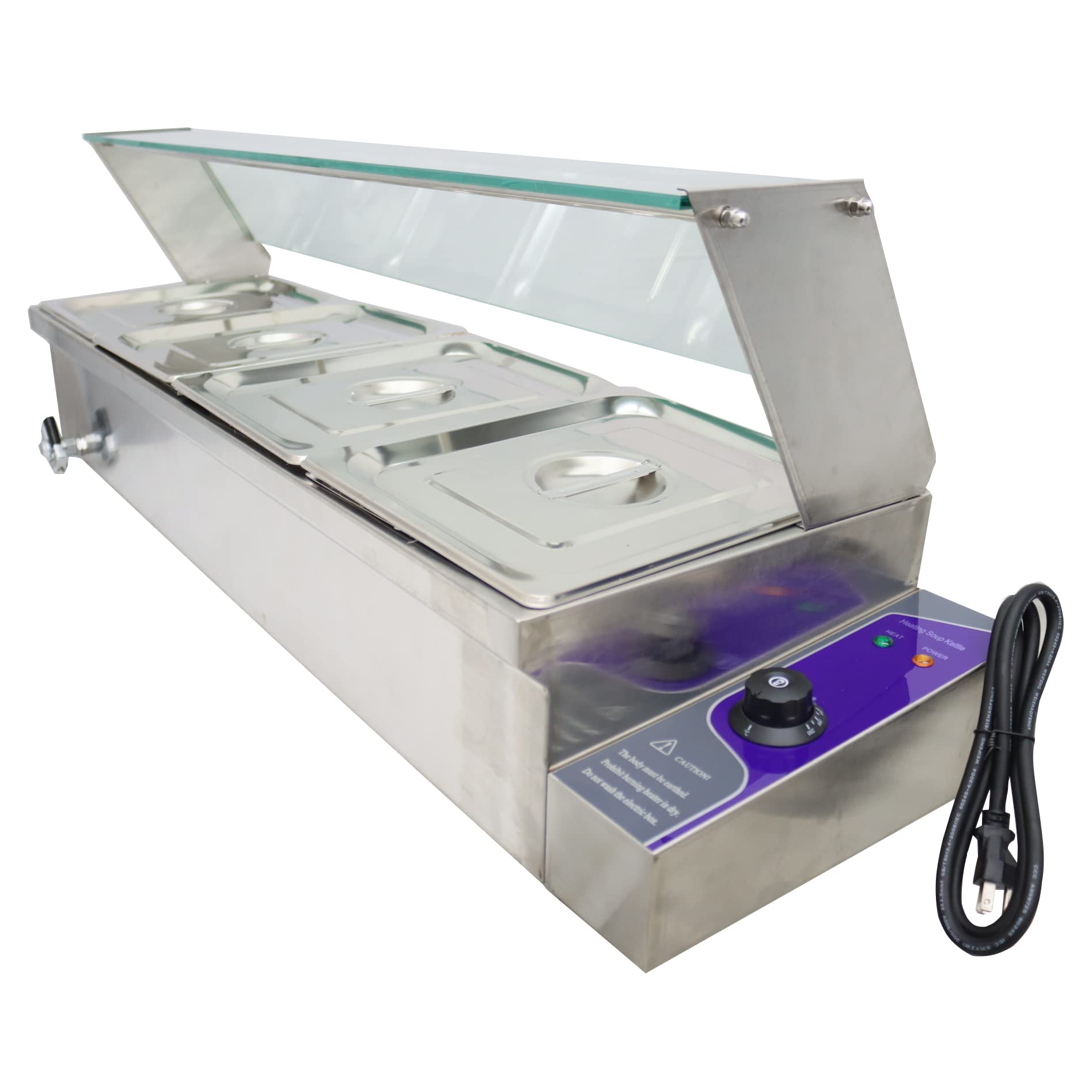 TECHTONGDA 4-Pan Commercial Food Warmer | 6-Inch Deep Stainless Steel Bain Marie with Glass Shield | Perfect for Buffets, Catering & Restaurant Food Service